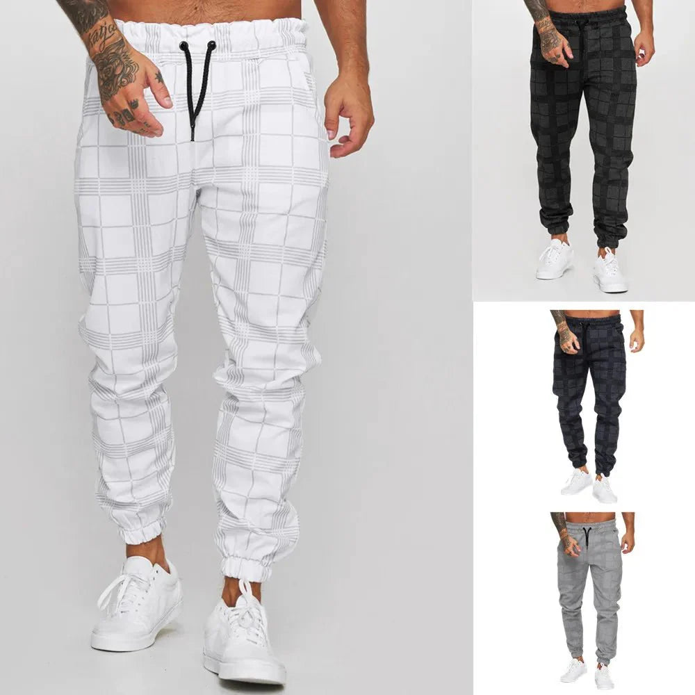 Men's plaid slim fit sweatpants with side stripes, mid-waist casual trousers by Showlu Fashion, suitable for summer and work wear.