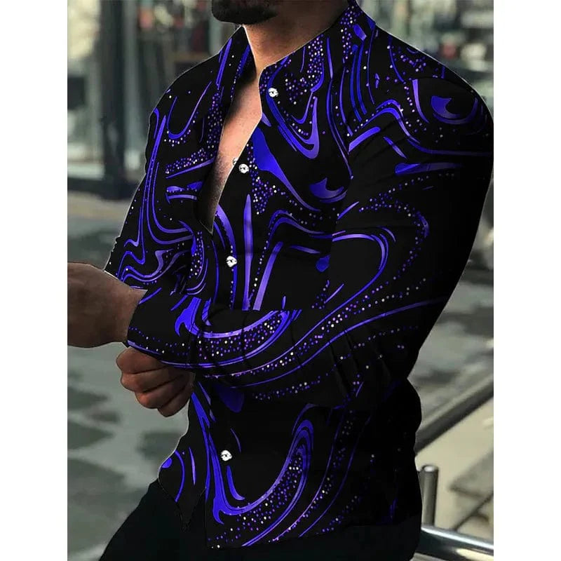 SHOWLU Men's luxury gold pattern Hawaiian shirt with long sleeves, casual beach shirt featuring lapel collar, stylish men's fashion top