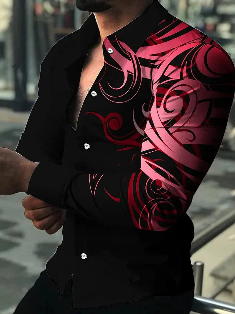 Men's luxury gold pattern Hawaiian shirt by SHOWLU FASHION STORE, long sleeve casual beach shirt with lapel design.