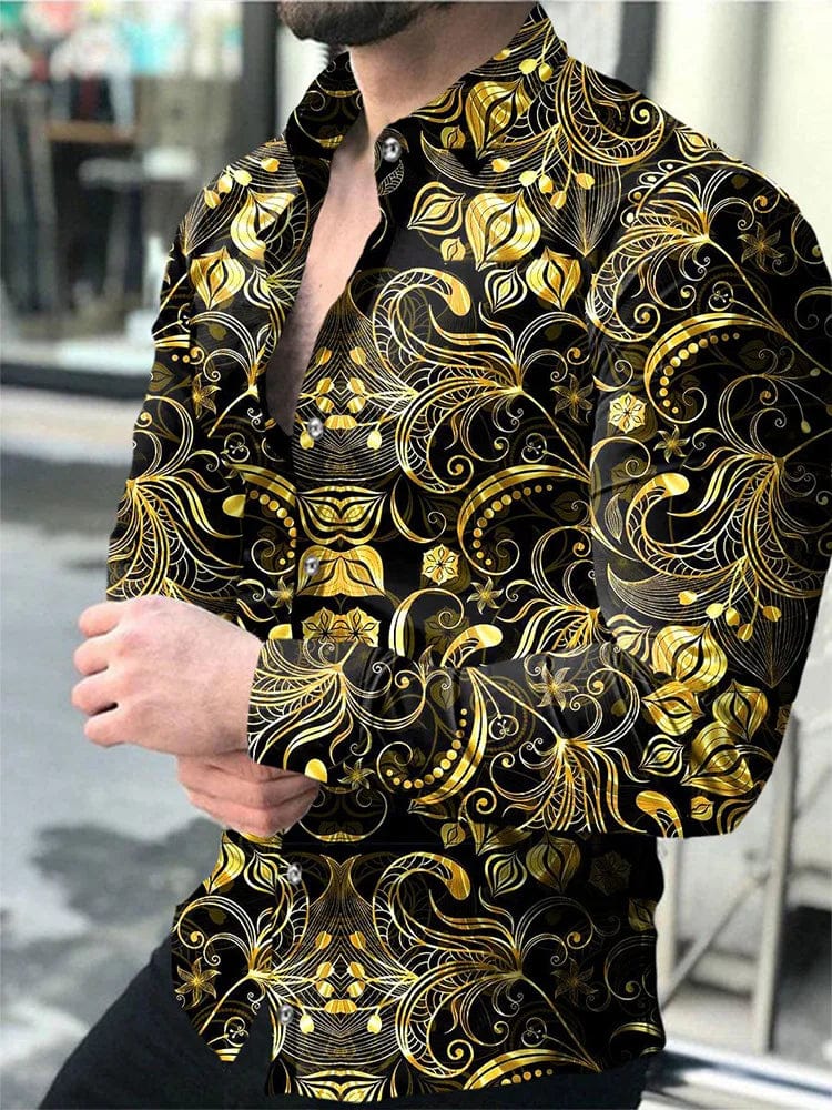 SHOWLU Men's luxury gold pattern Hawaiian shirt with long sleeves, casual beach style, featuring a lapel collar and tropical design.