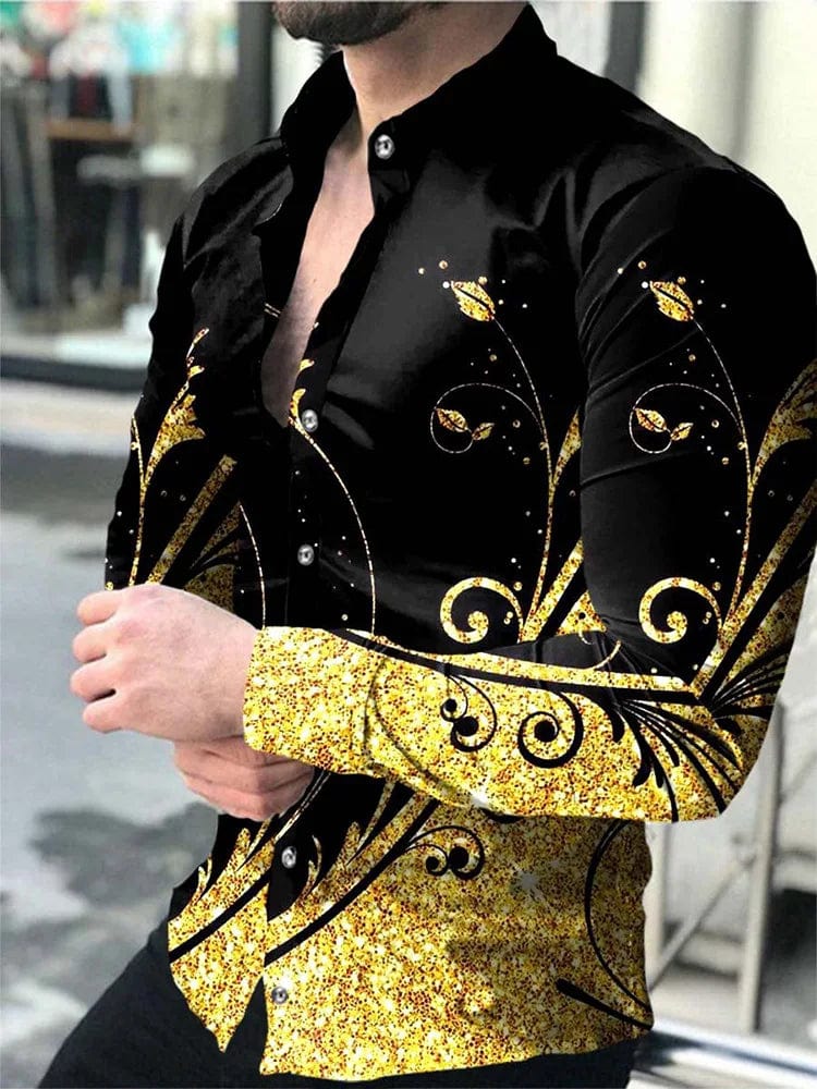 SHOWLU Men's luxury gold pattern Hawaiian shirt with long sleeves, casual beach style, vibrant tropical design, lapel collar.