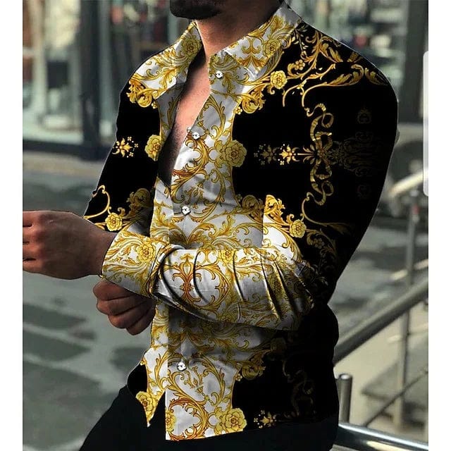 Men's luxury gold pattern Hawaiian shirt by SHOWLU FASHION STORE, long sleeve casual shirt with lapel, beach-ready tropical style.
