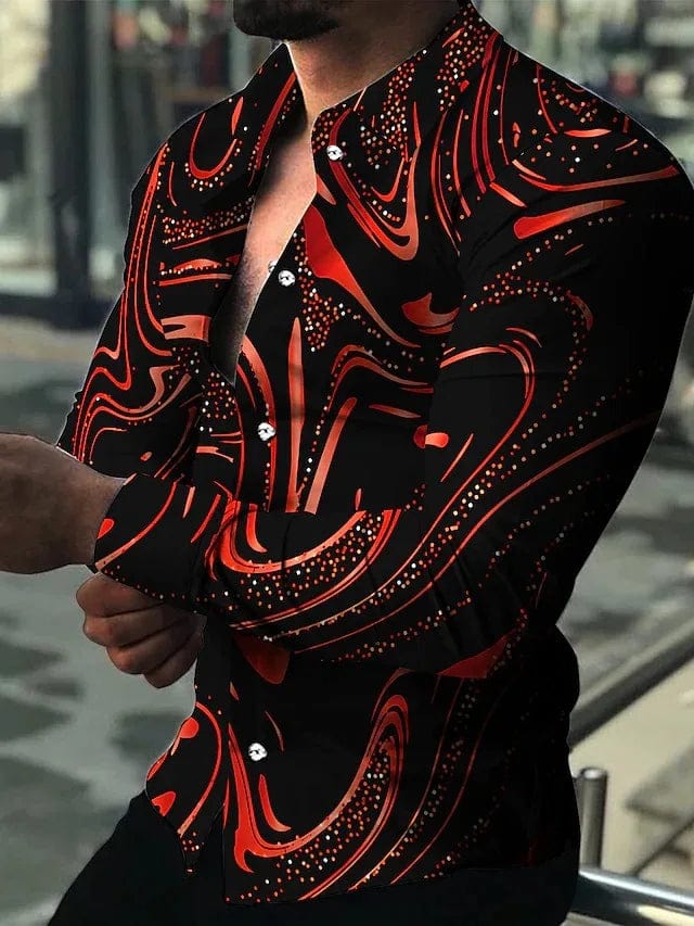 SHOWLU Men's luxury gold pattern Hawaiian shirt with long sleeves, casual beach style, lapel collar, vibrant tropical print.