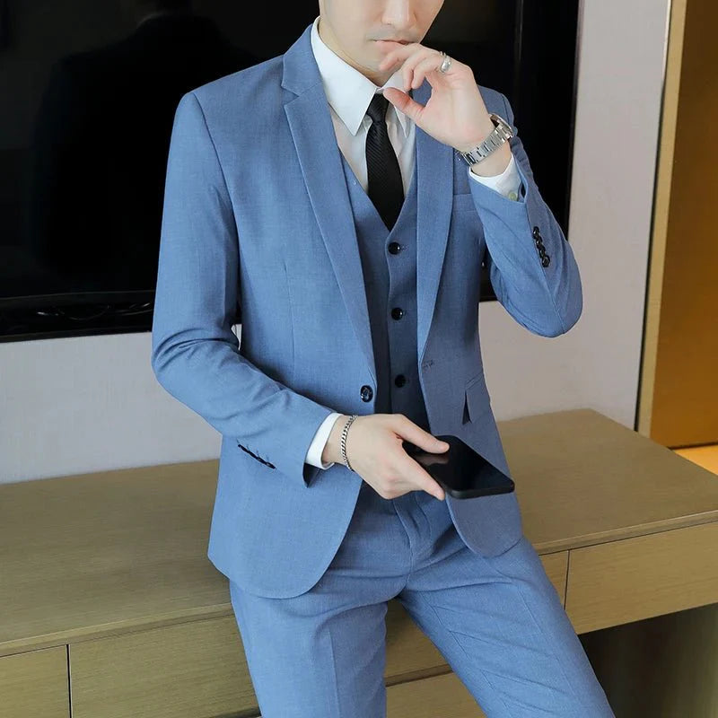SHOWLU FASHION men's three-piece business suit with jacket, vest, and pants in solid color, high-quality and stylish for formal wear