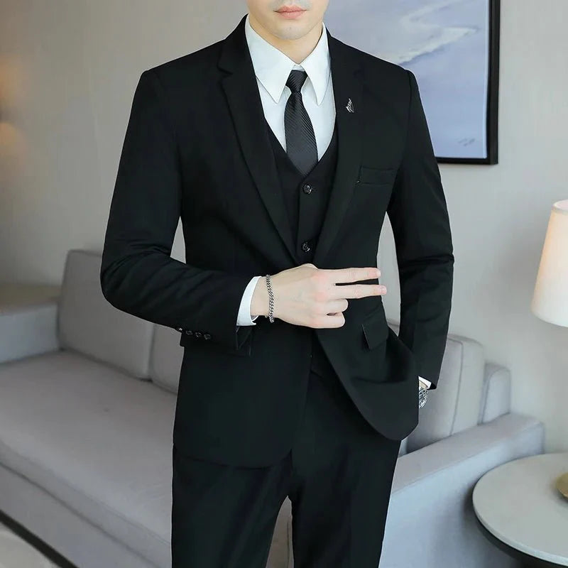SHOWLU FASHION men's skinny fit 3-piece business suit with jacket, vest, and pants in solid color, stylish and high-quality.