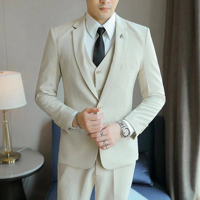 SHOWLU FASHION men's skinny fit 3-piece business suit with jacket, vest, and pants in solid color, high-quality trendy design.
