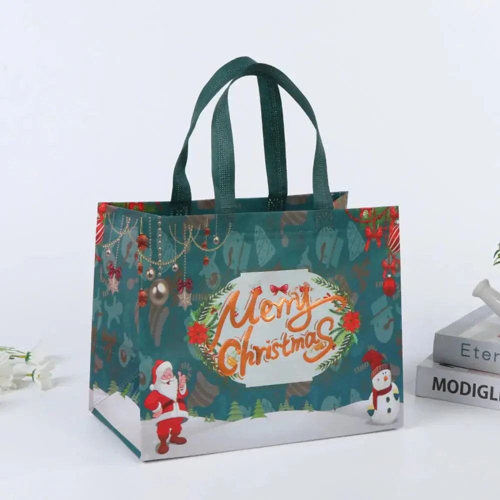 SHOWLU Christmas gift bags with cartoon Santa, elk, and snowman prints, reusable non-woven tote for holiday gift wrapping.