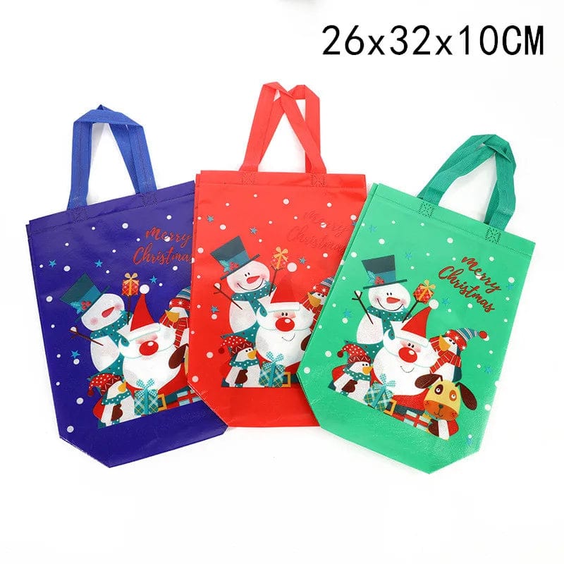 SHOWLU Christmas gift bags with cartoon Santa, elk, and snowman prints, reusable non-woven tote for holiday gift packaging