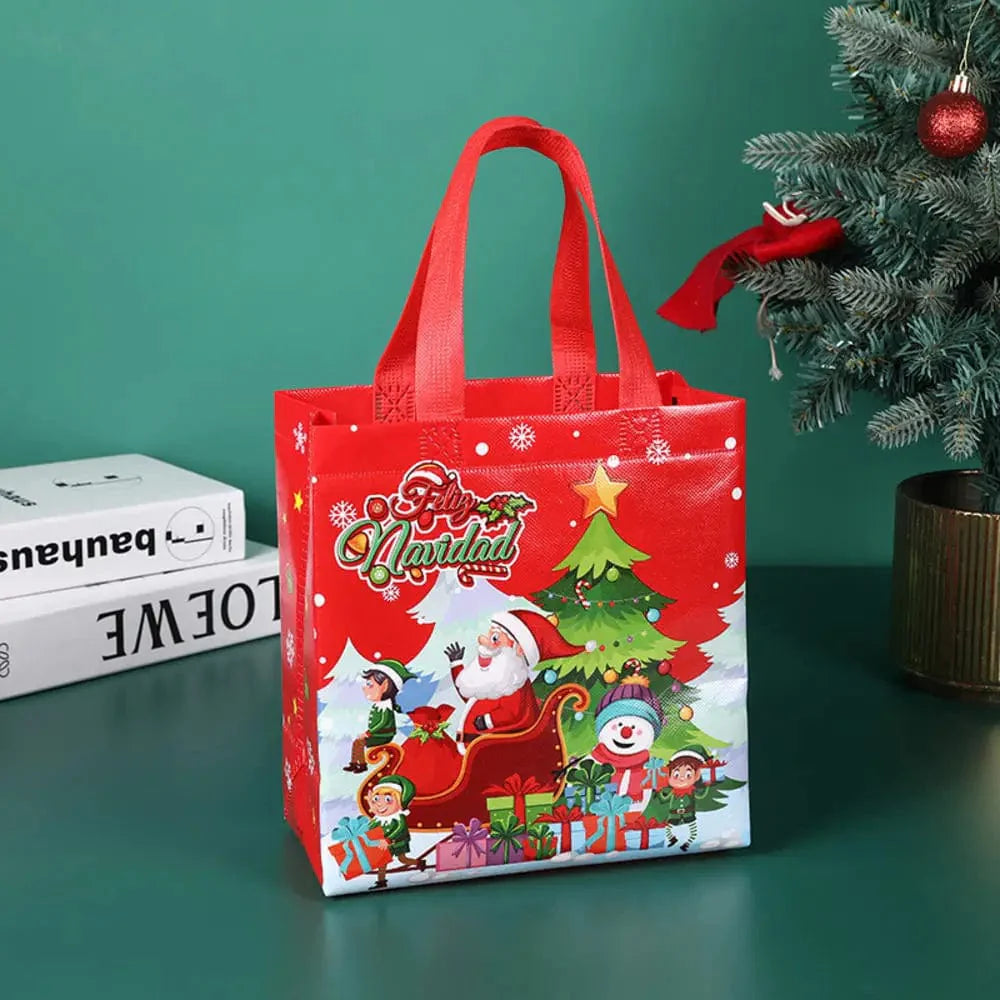 SHOWLU Christmas gift bags with cartoon Santa, elk, and snowman prints, reusable non-woven tote for holiday gift wrapping.