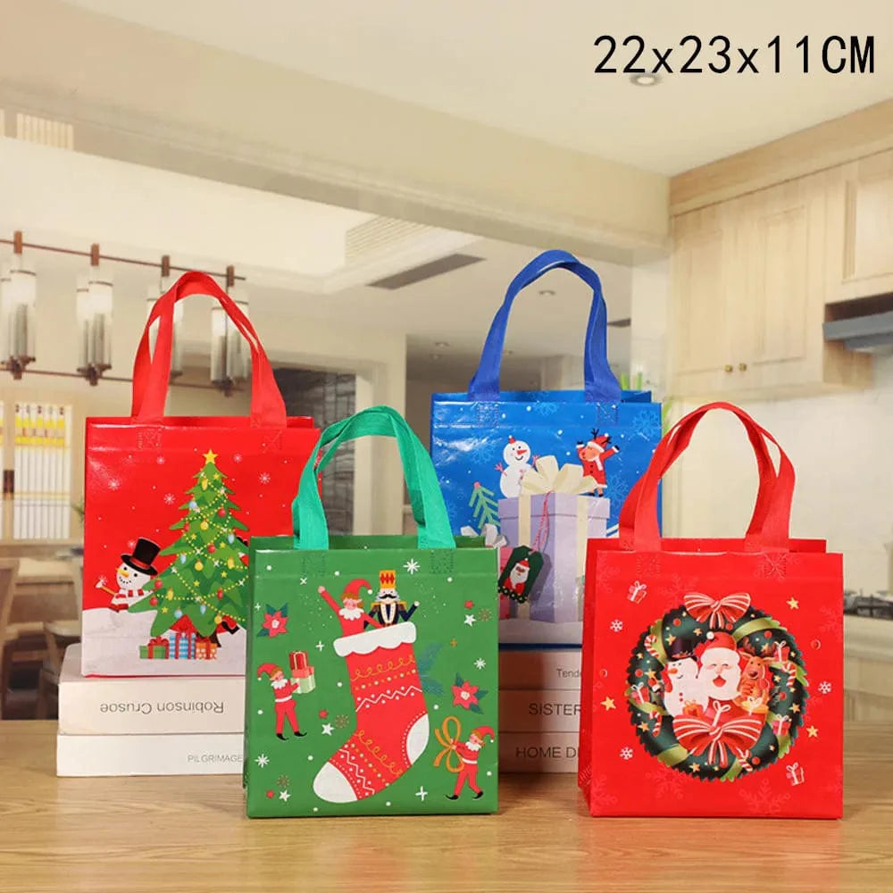 SHOWLU Christmas gift bags featuring cartoon Santa, elk, snowman prints on reusable non-woven tote for holiday gifting.