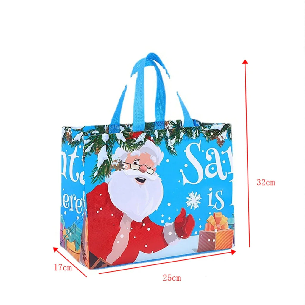 SHOWLU Christmas gift bags with cute Santa, elk, and snowman cartoon prints, reusable non-woven tote for holiday gift packaging.