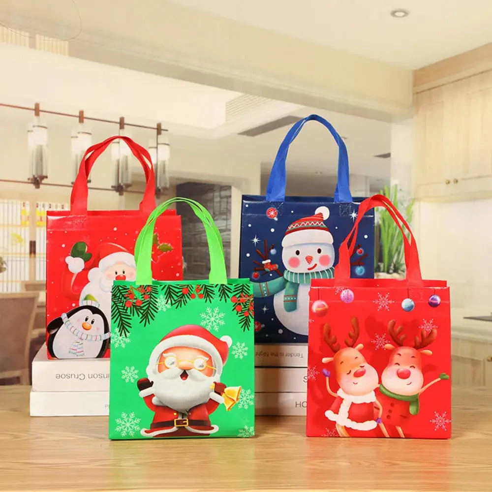 SHOWLU Christmas gift bags featuring colorful cartoon Santa, elk, and snowman prints on reusable non-woven tote bags.
