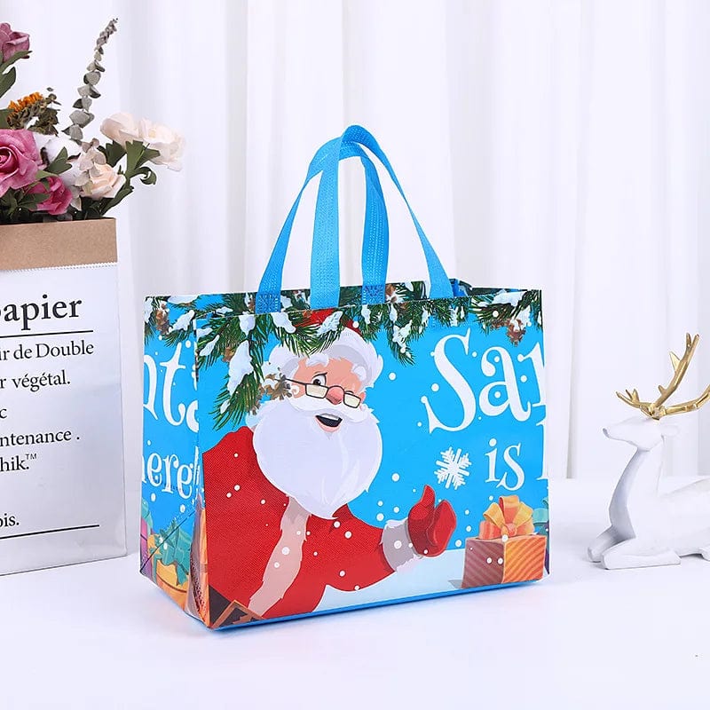 SHOWLU Christmas gift bags featuring cartoon Santa, elk, and snowman prints, reusable non-woven tote for holiday gift wrapping.