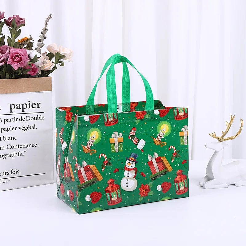 SHOWLU Christmas gift bags with cartoon Santa, elk, and snowman prints, reusable non-woven tote for holiday gift wrapping