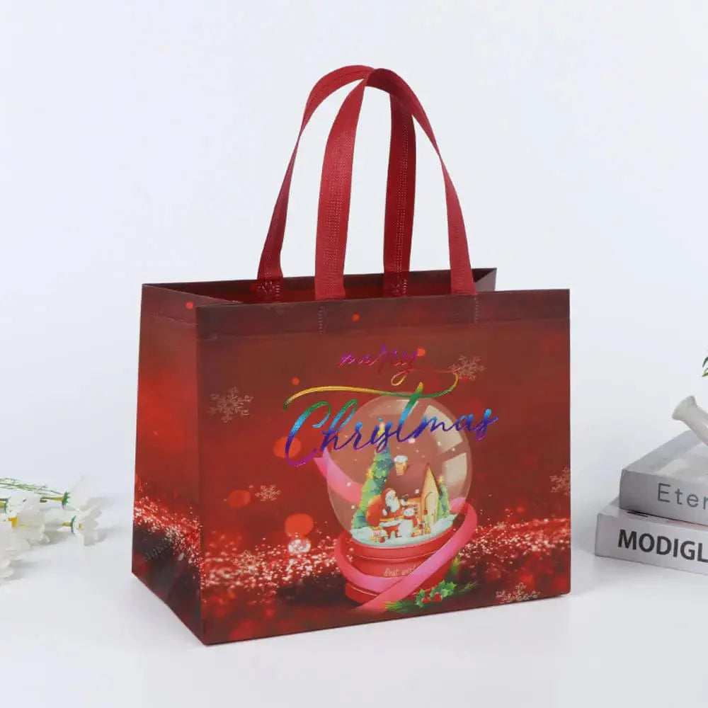 SHOWLU Christmas gift bags with cartoon Santa, elk, and snowman prints in reusable non-woven tote for holiday gift wrapping.