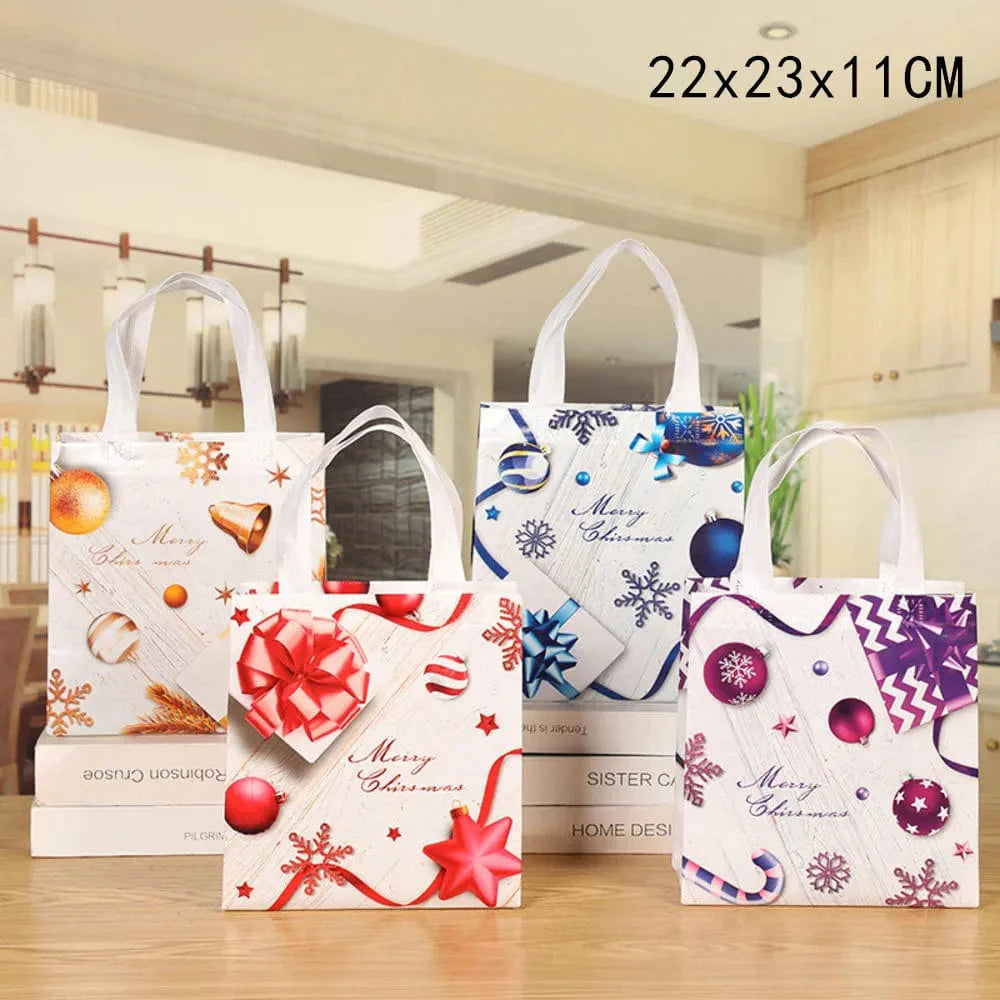 SHOWLU Christmas gift bags with cartoon Santa, elk, and snowman prints, reusable non-woven tote for holiday gift wrapping.
