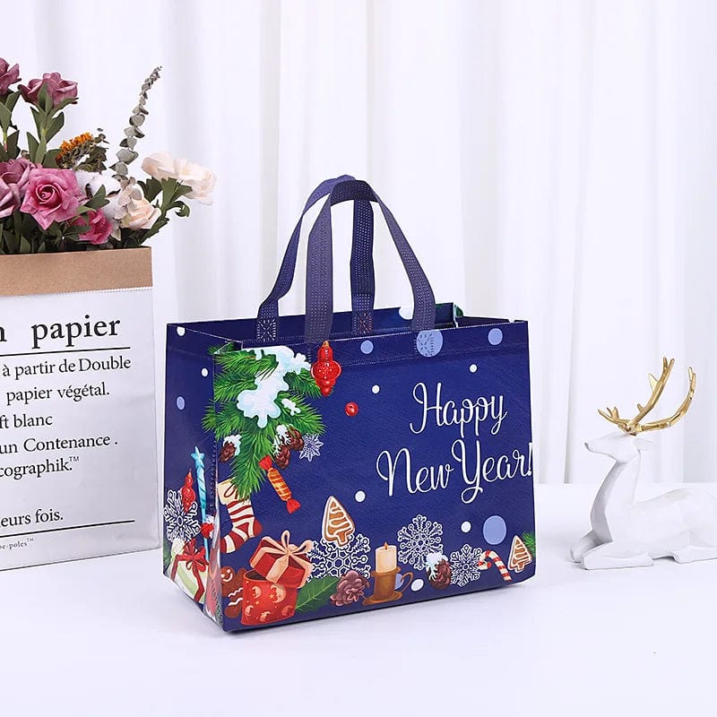 SHOWLU Christmas gift bags with cartoon Santa, elk, and snowman prints, reusable non-woven tote for holiday gift wrapping.