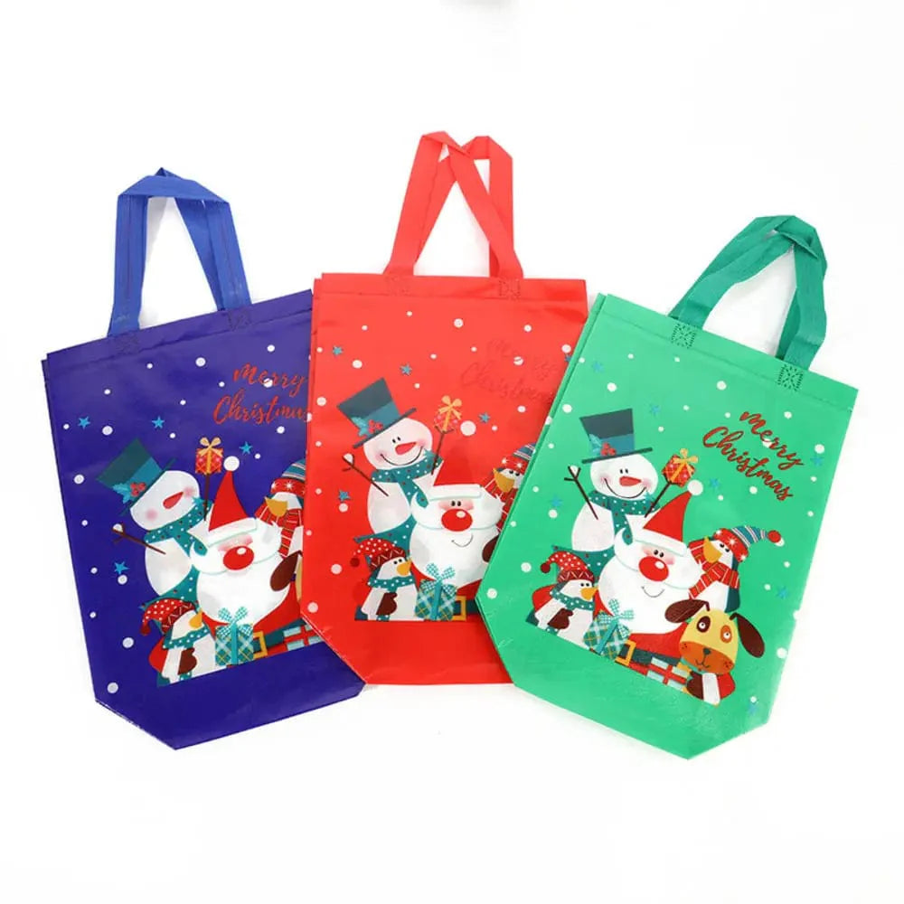 SHOWLU Christmas gift bags with cartoon Santa, elk, and snowman prints, reusable non-woven tote for holiday gift wrapping.