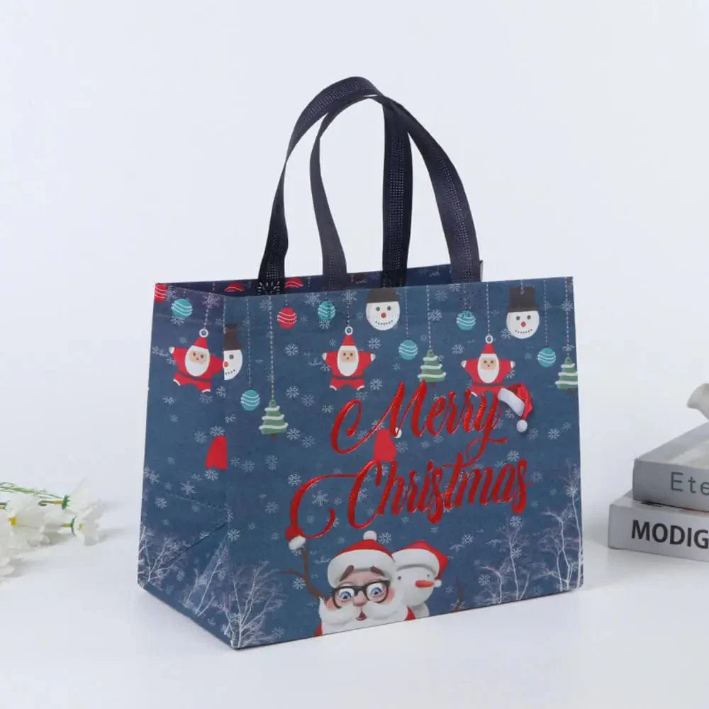 SHOWLU Christmas gift bags with cartoon Santa, elk, and snowman prints, reusable non-woven tote for holiday gift packaging.