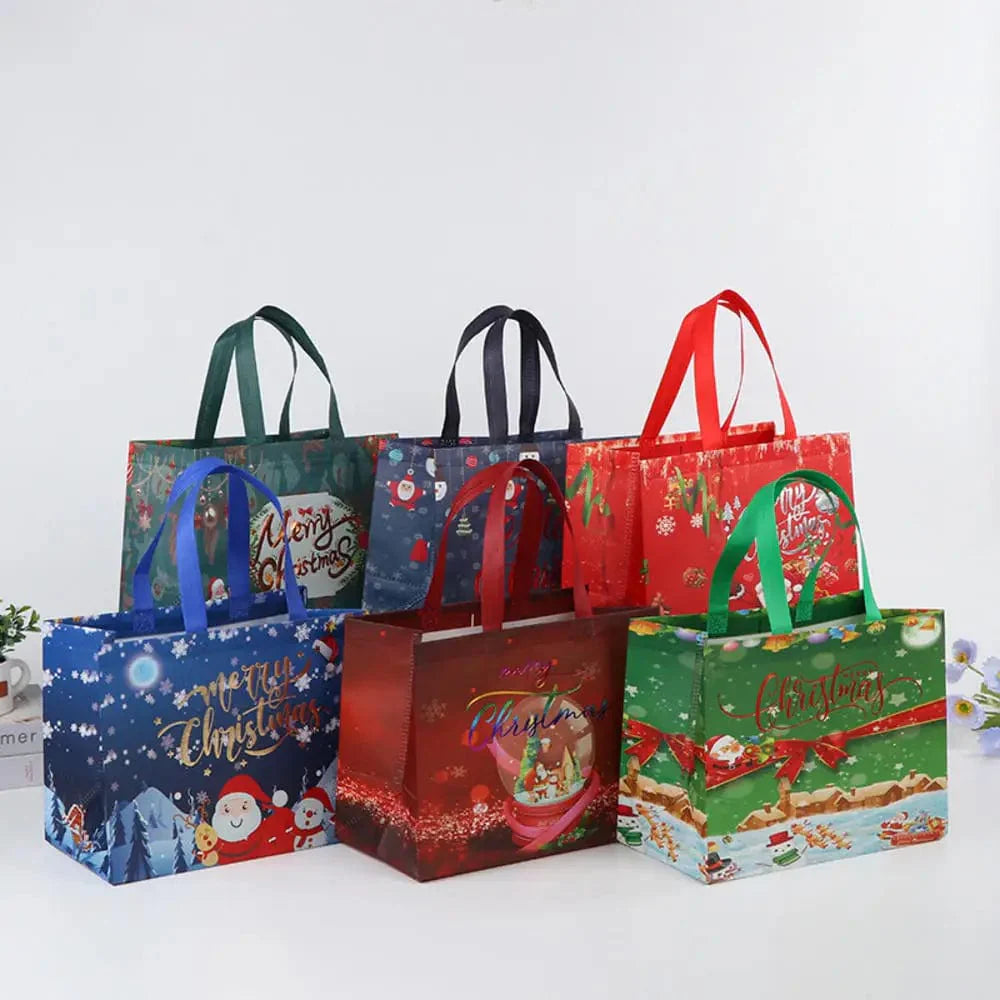 SHOWLU Christmas gift bags with cartoon Santa, elk, and snowman prints, reusable non-woven tote for holiday gift wrapping.