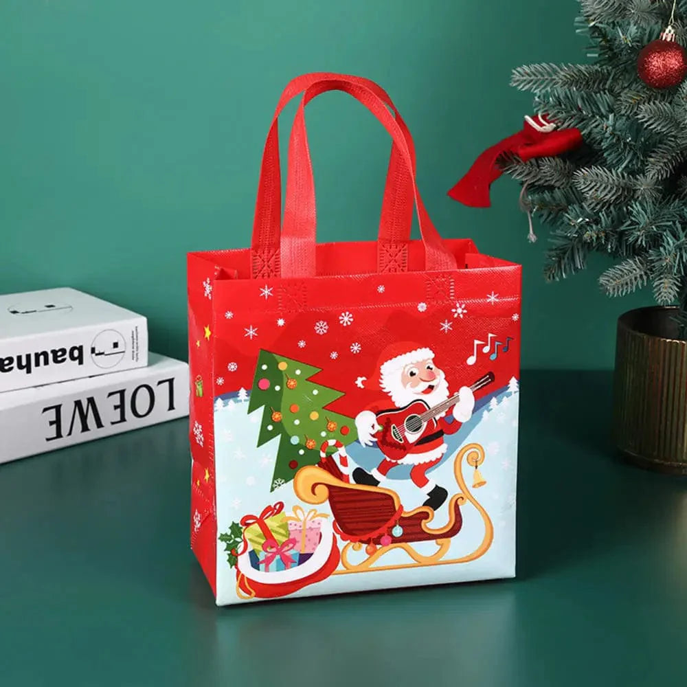 SHOWLU Christmas gift bags with cartoon Santa, elk, and snowman prints, reusable non-woven tote for holiday gift wrapping.
