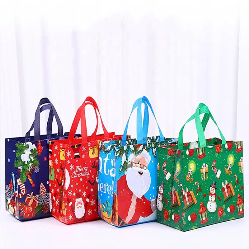 SHOWLU Christmas gift bags with cute Santa, elk, and snowman cartoon prints, reusable non-woven tote for holiday gifting.