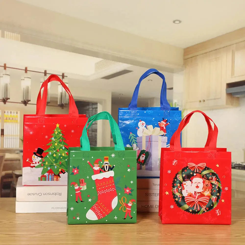 SHOWLU Christmas gift bags in cartoon print featuring Santa, elk, and snowman designs, reusable non-woven tote for holiday gifts