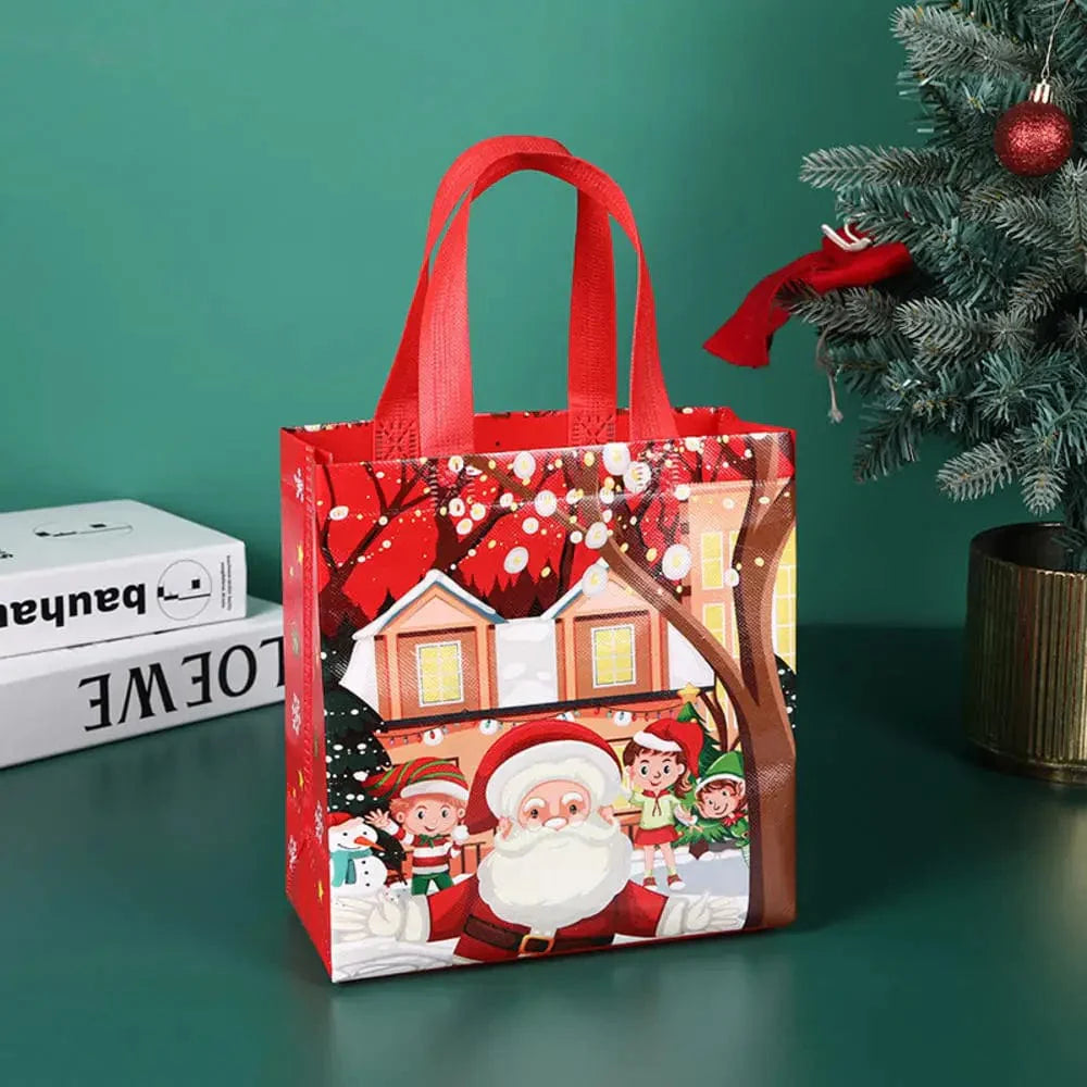 SHOWLU Christmas gift bags with cartoon Santa, elk, and snowman prints, reusable non-woven tote for holiday gift wrapping.