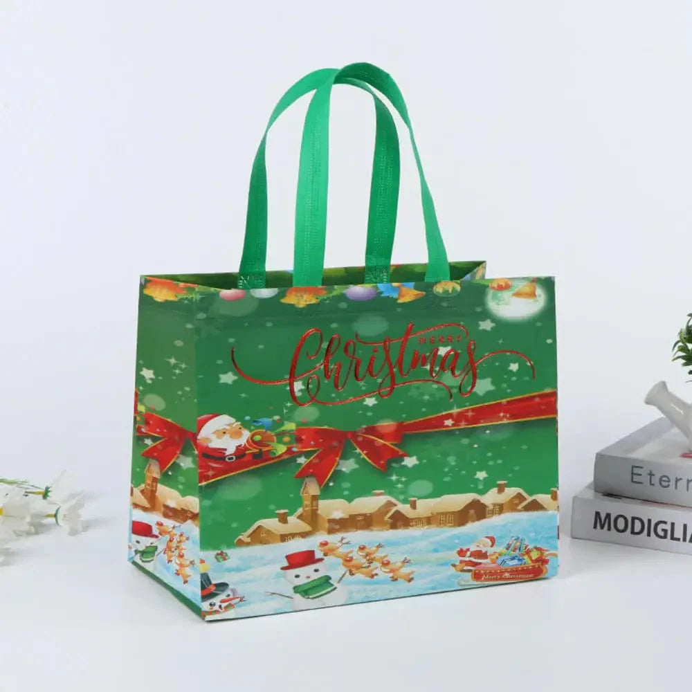 SHOWLU Christmas gift bags with cartoon Santa, elk, and snowman prints, reusable non-woven tote for holiday gift packaging