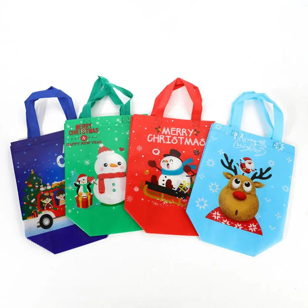 SHOWLU Christmas gift bags featuring cartoon Santa, elk, and snowman prints in reusable non-woven tote, perfect for holiday gifting.
