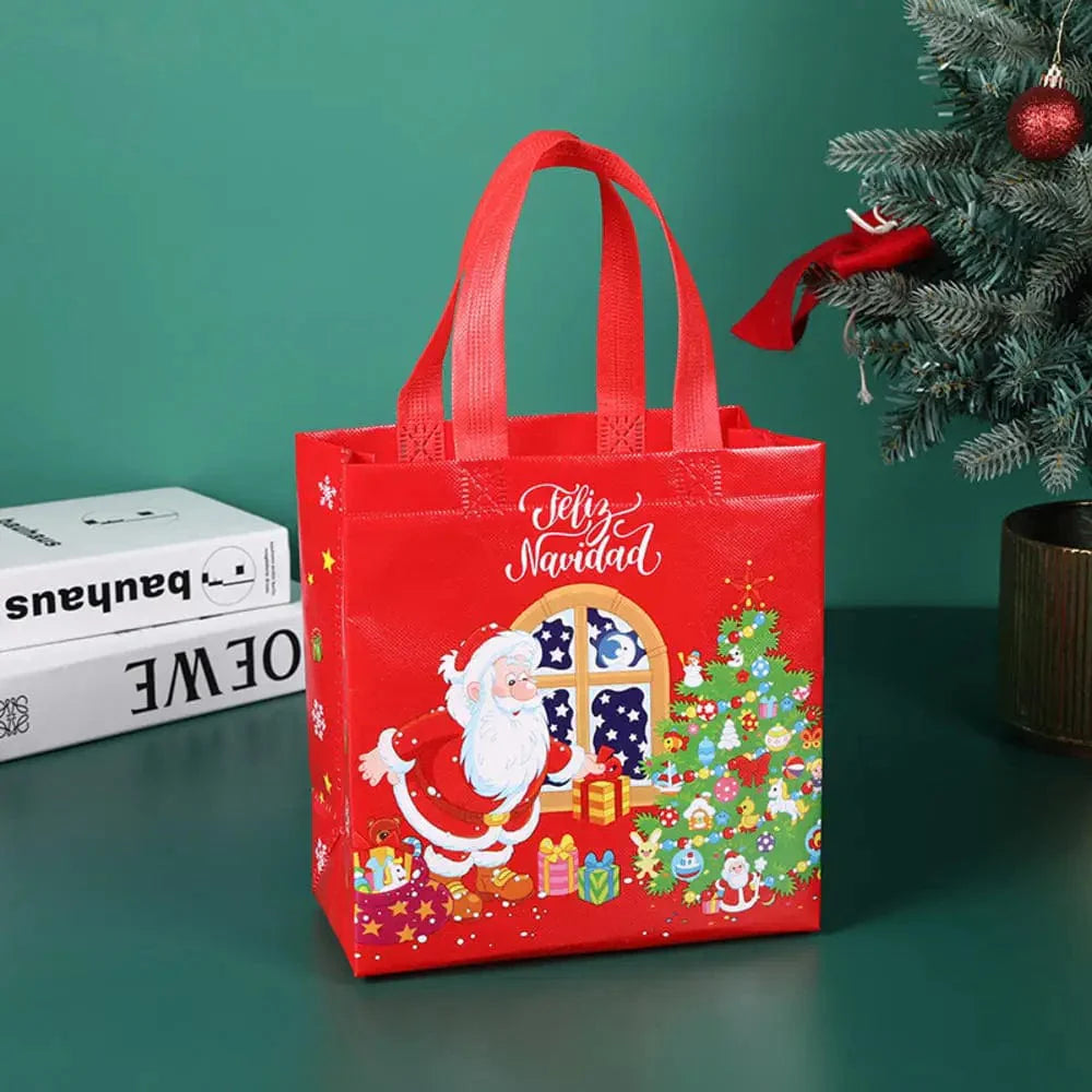 SHOWLU Christmas gift bags with cartoon Santa, elk, and snowman prints, reusable non-woven tote for holiday gift giving.