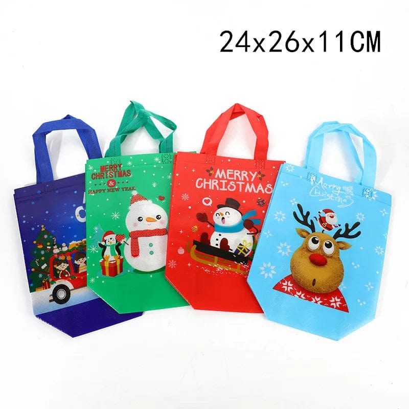 SHOWLU Christmas gift bags featuring cartoon Santa, elk, and snowman prints on reusable non-woven tote for festive gifting.