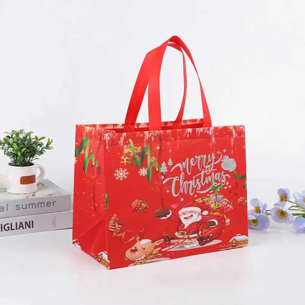 SHOWLU Christmas gift bags featuring cartoon Santa, elk, and snowman prints in reusable non-woven tote for holiday gifting.