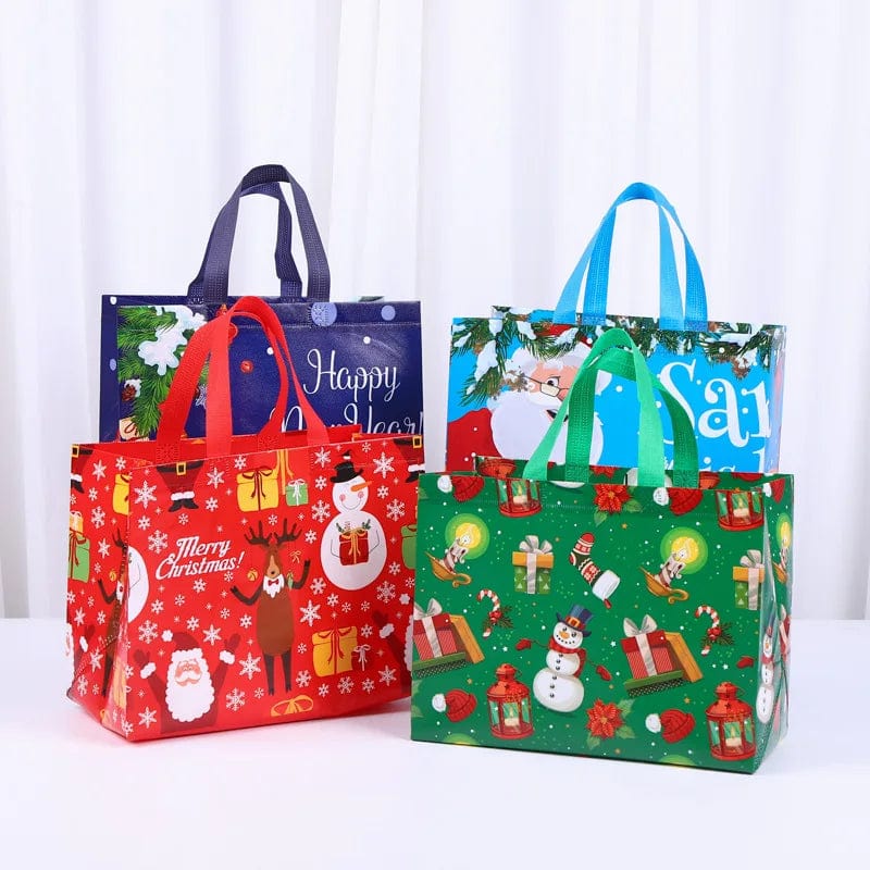 SHOWLU Christmas gift bags with cartoon Santa, elk, and snowman prints, reusable non-woven tote for holiday gift wrapping