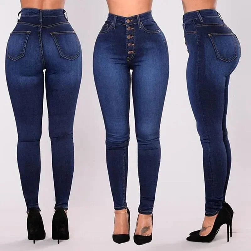 High waist skinny jeans for women by SHOWLU FASHION STORE, stretchy denim with a push-up design and washed finish.