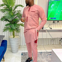 2024 New Kaftan Elegant African Men's Set 2 Pieces Outfits Solid Color Shirt and Casual Pants Set Wedding Festive Men's Suits - SHOWLU FASHION STORE