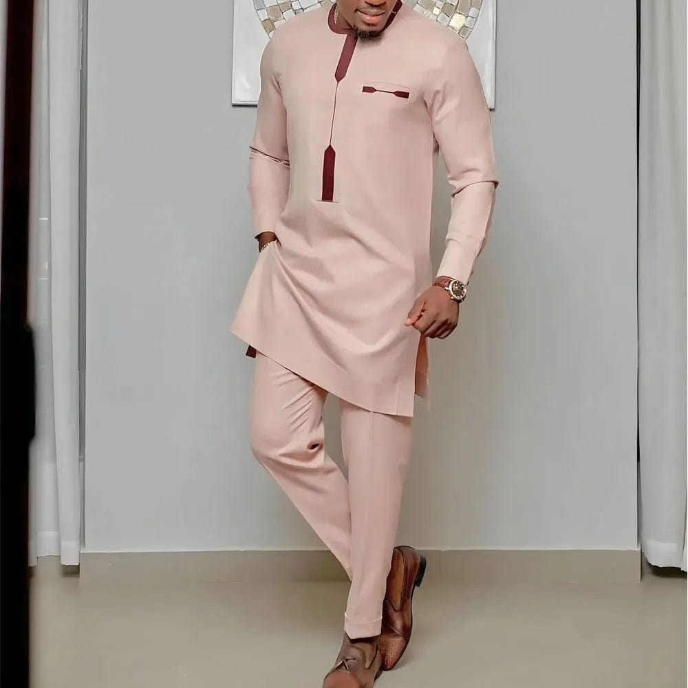 2024 New Kaftan Elegant African Men's Set 2 Pieces Outfits Solid Color Shirt and Casual Pants Set Wedding Festive Men's Suits - SHOWLU FASHION STORE