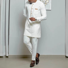 2024 New Kaftan Elegant African Men's Set 2 Pieces Outfits Solid Color Shirt and Casual Pants Set Wedding Festive Men's Suits - SHOWLU FASHION STORE