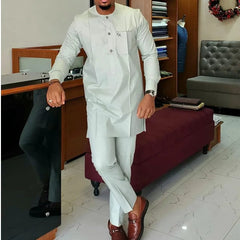 2024 New Kaftan Elegant African Men's Set 2 Pieces Outfits Solid Color Shirt and Casual Pants Set Wedding Festive Men's Suits - SHOWLU FASHION STORE