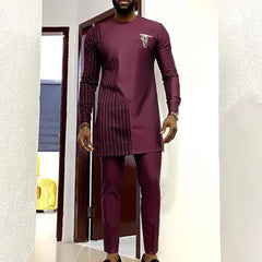 2024 New Kaftan Elegant African Men's Set 2 Pieces Outfits Solid Color Shirt and Casual Pants Set Wedding Festive Men's Suits - SHOWLU FASHION STORE