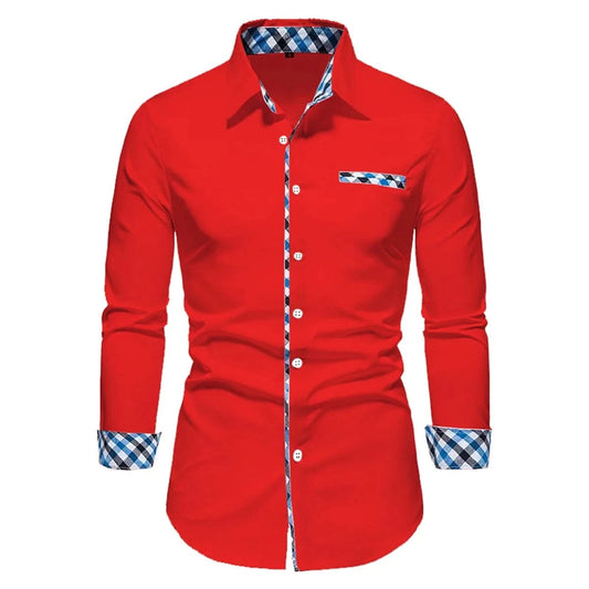 2024 New Men's Business Casual Solid Color Splicing Long Sleeve Collar Shirt Outdoor Button Red Yellow Blue Black Comfortable So - SHOWLU FASHION STORE