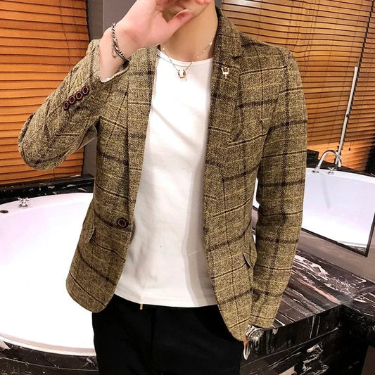 2024 New Men's Casual Plaid Suit Jacket Male Linen Plaid Business Self - cultivation Wedding Dress Party Suit Coat Plus Size S - 5XL - SHOWLU FASHION STORE