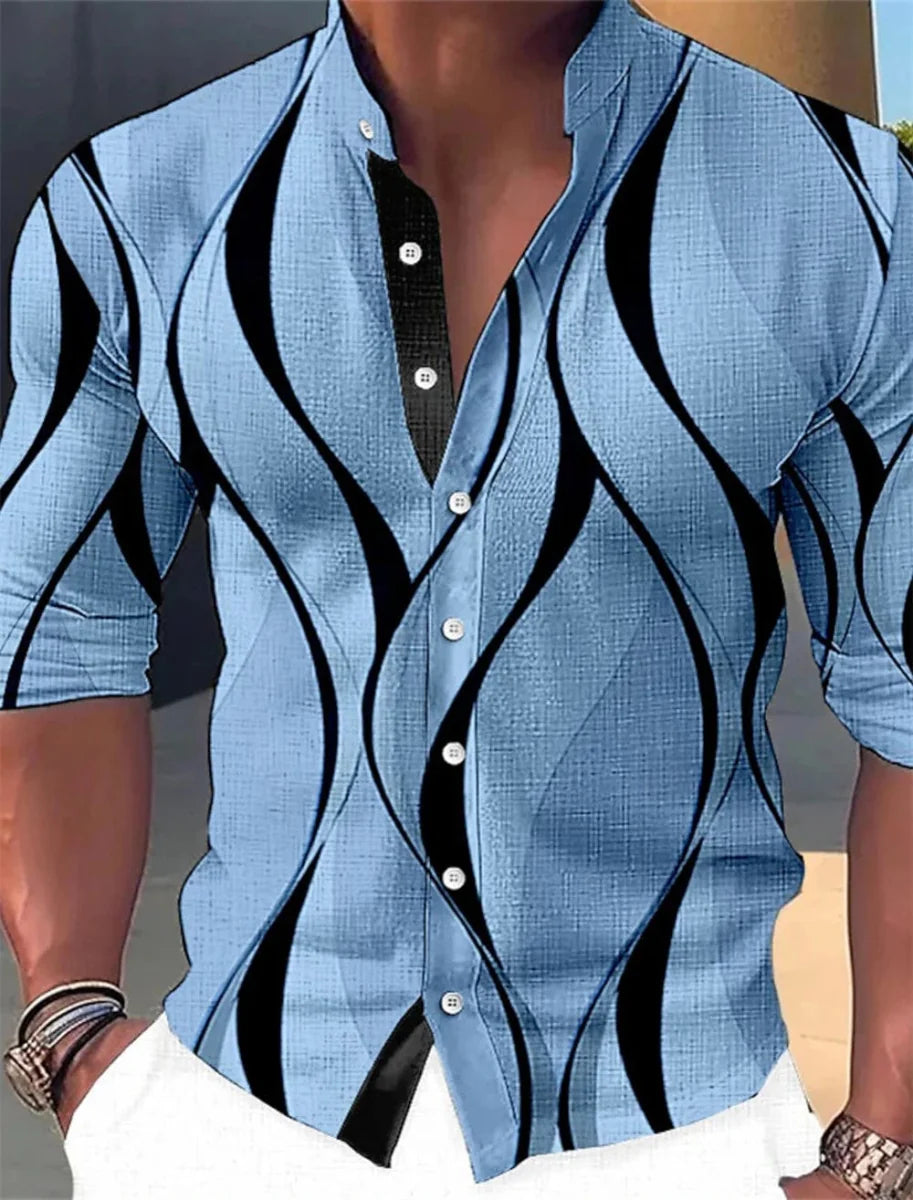 SHOWLU Men's geometric print casual long sleeve shirt with standing neck, suitable for outdoor and street fashion.