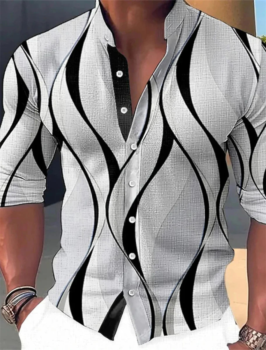 SHOWLU Men's geometric print casual long sleeve shirt with standing collar, suitable for outdoor and street fashion.