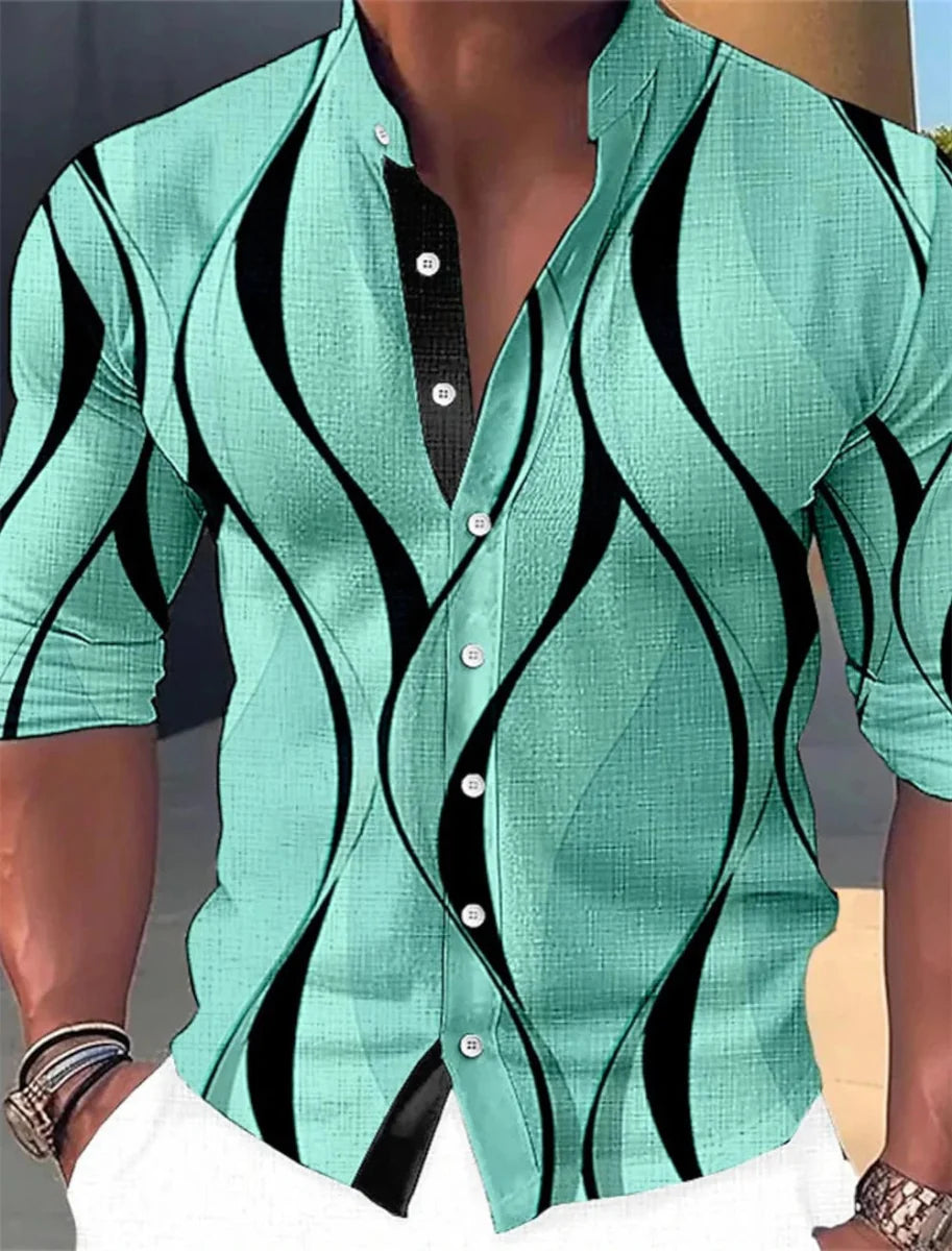 Men's SHOWLU Fashion Store long sleeve casual shirt with geometric print, standing neck, outdoor street fashion style.