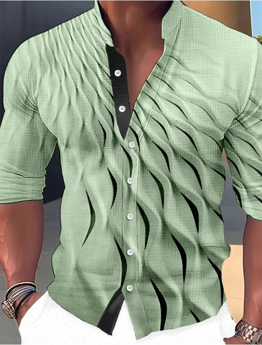 Men's SHOWLU geometric print casual shirt with long sleeves and standing collar, stylish outdoor street fashion clothing.