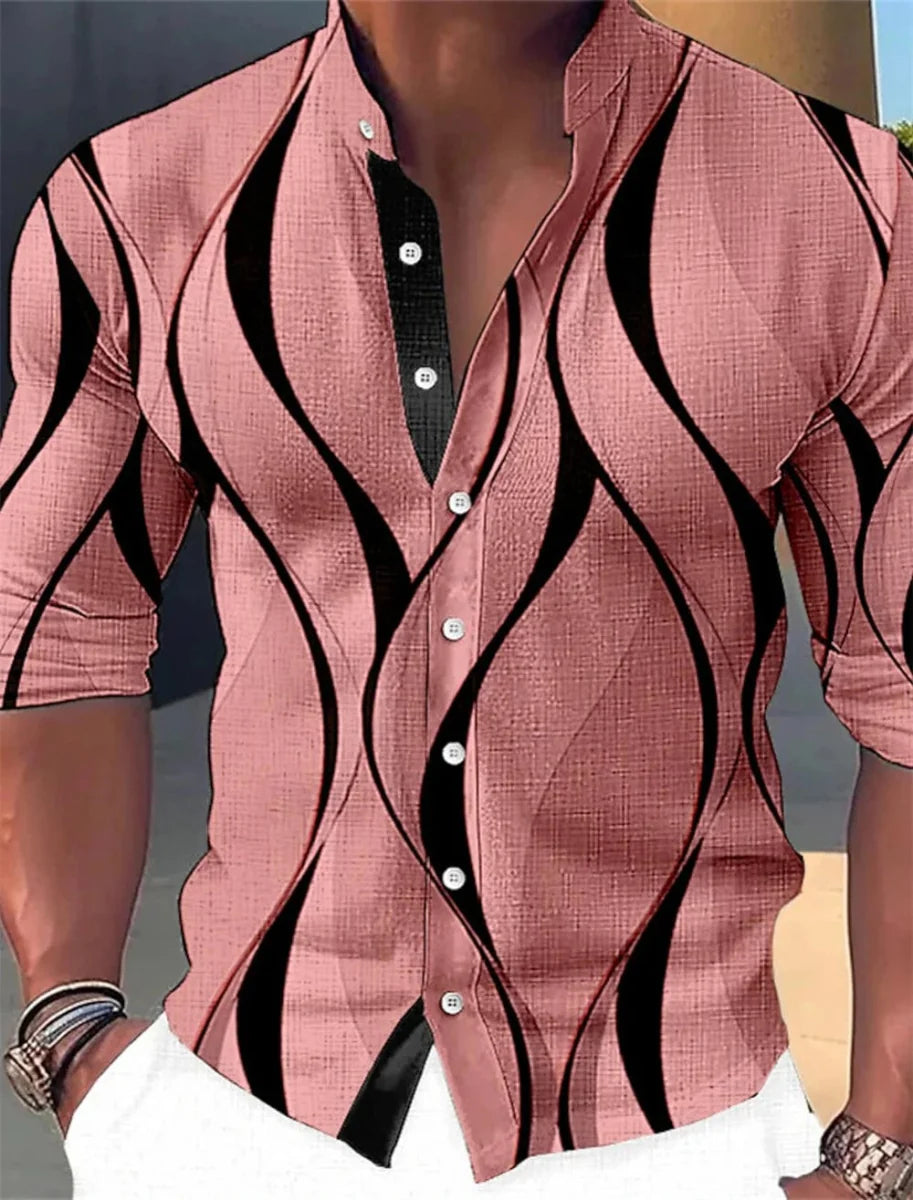 SHOWLU Men's geometric print casual shirt with long sleeves and standing neck, suitable for outdoor and street fashion.