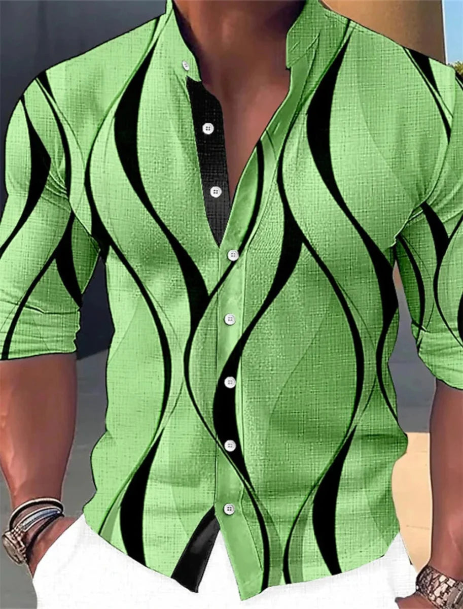SHOWLU Men's geometric print casual long sleeve shirt with standing neck, outdoor street fashion style, suitable for plus size.
