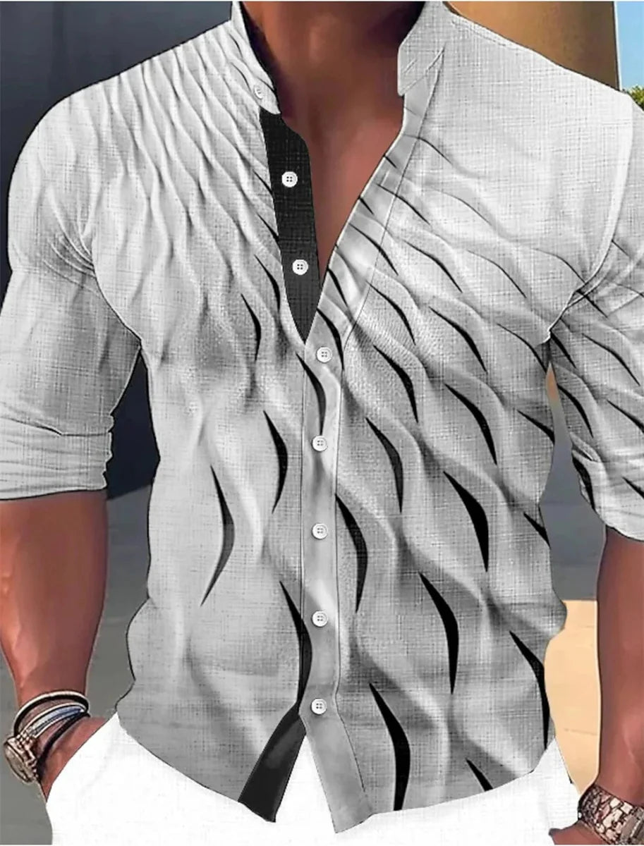 Men's SHOWLU geometric print casual shirt with long sleeves and standing neck, suitable for outdoor and street fashion.