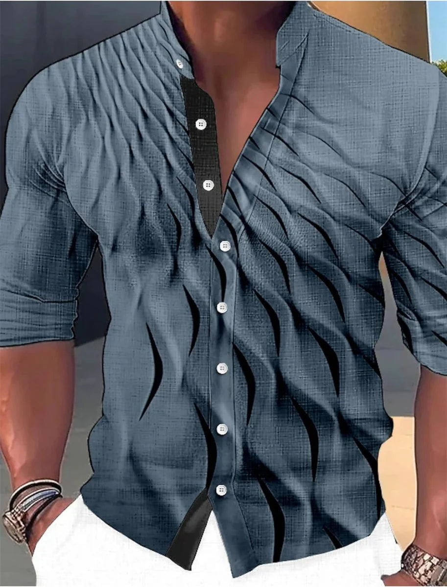SHOWLU men's long sleeve casual shirt with geometric print and standing neck, suitable for outdoor and street fashion.
